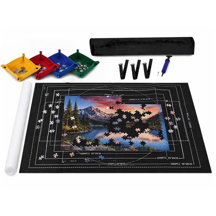 Puzzle szőnyeg, Zola, 500 - 2000 darab, nyomtatott vezetővonalak, 4 rendezőedény, felfújható tartó, pumpa, rögzítőhevederek, poliészter, 118 x 79 cm