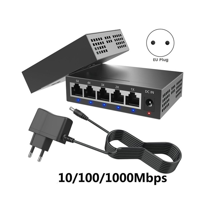 Set 2 Switch-uri Gigabit Industrial, 1000 Mbps, 5 Porturi, Negru, 220V AC