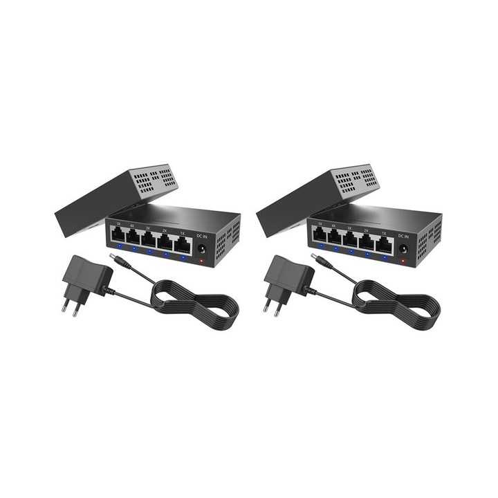 Set 2 Switch-uri Gigabit Industrial, 1000 Mbps, 5 Porturi, Negru, 220V AC