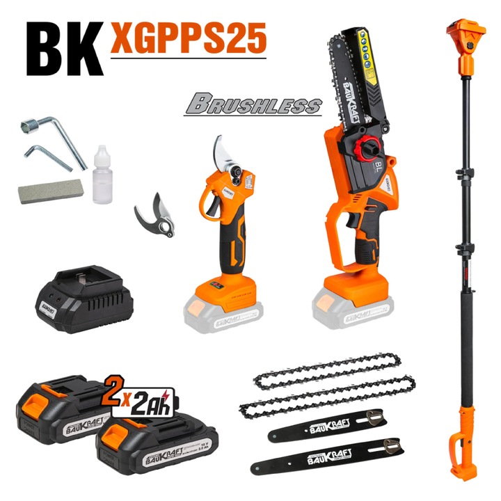 Fűrészkészlet láncfűrésszel, kerti ollóval és metszőollóval, 18V 15-20cm 2x2Ah BK-XGPPS25, Baukraft 075783