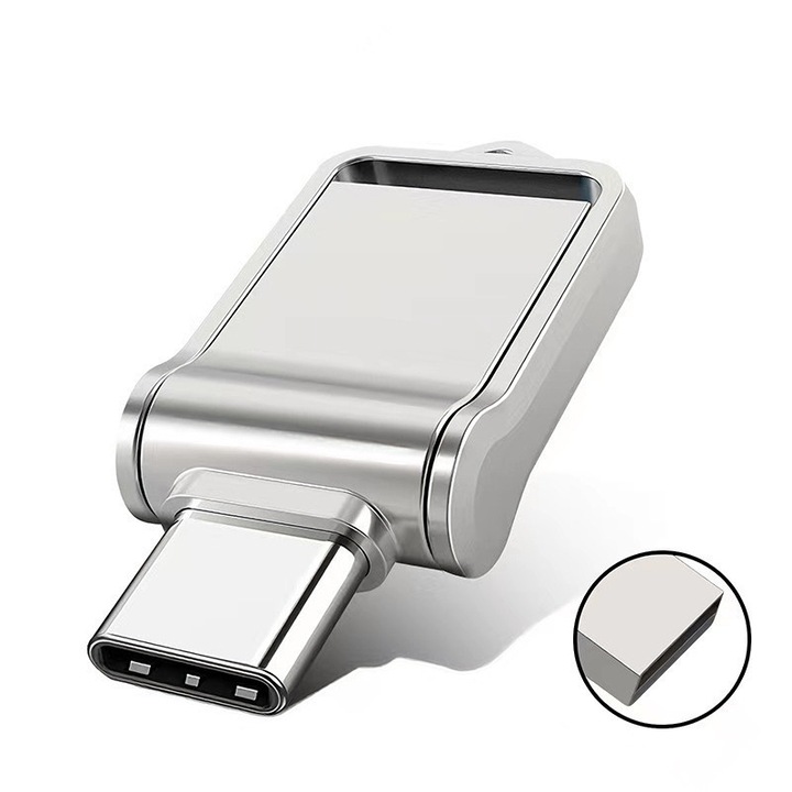 Unitate flash USB, mini unitate flash USB metalica solid-state, 1 TB, USB 3.1 + Type-C, 2 in 1, plug and play, backup de fisiere, compatibila cu telefoane/dispozitive mobile Type-C, transfer de mare viteza, impermeabila, argintie