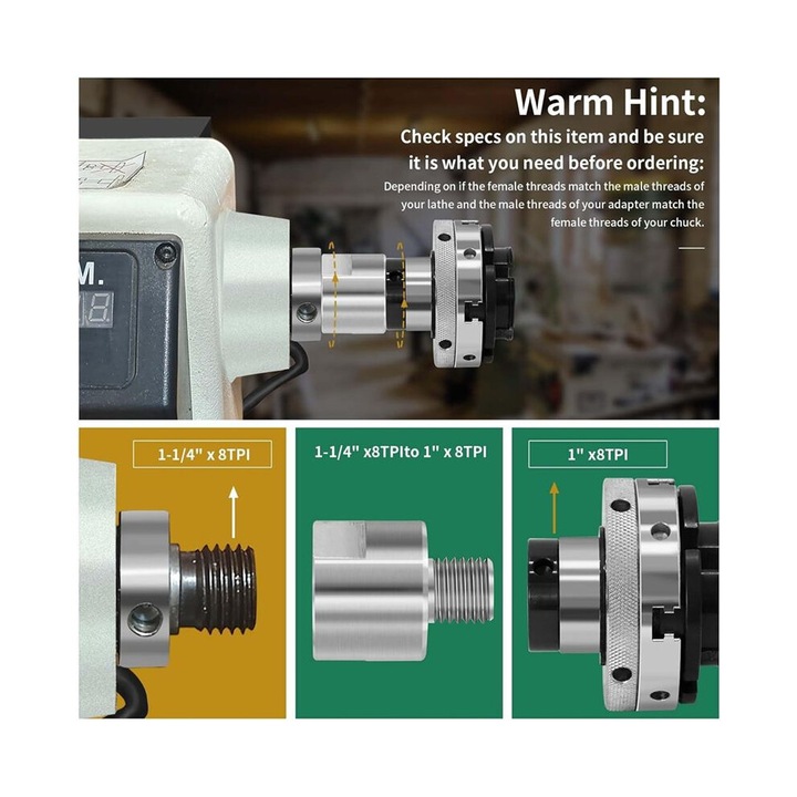 Esztergapad tokmány adapter, 1-1/4 hüvelyk x 8TPI átalakító 1 hüvelyk x 8TPI-re, ezüst, 1 db-os készlet.
