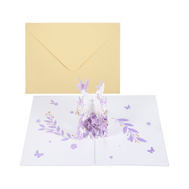 3D képeslap, virágok, lila pillangó, nőknek és lányoknak, különleges alkalmakra