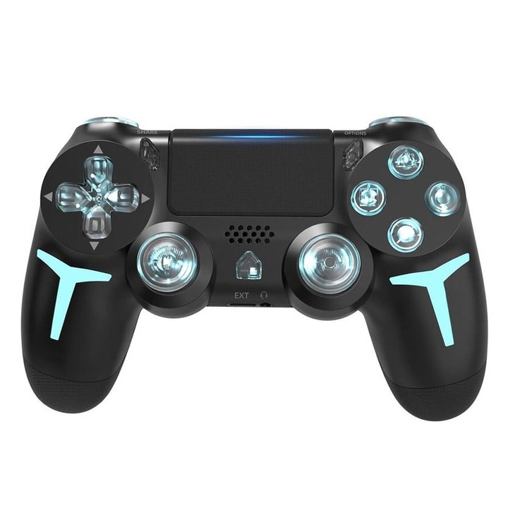 Безжичен контролер за PS4, VIELLAN, С множество светлинни ефекти, Двойна вибрация, 6-осен сензор за движение, Черен