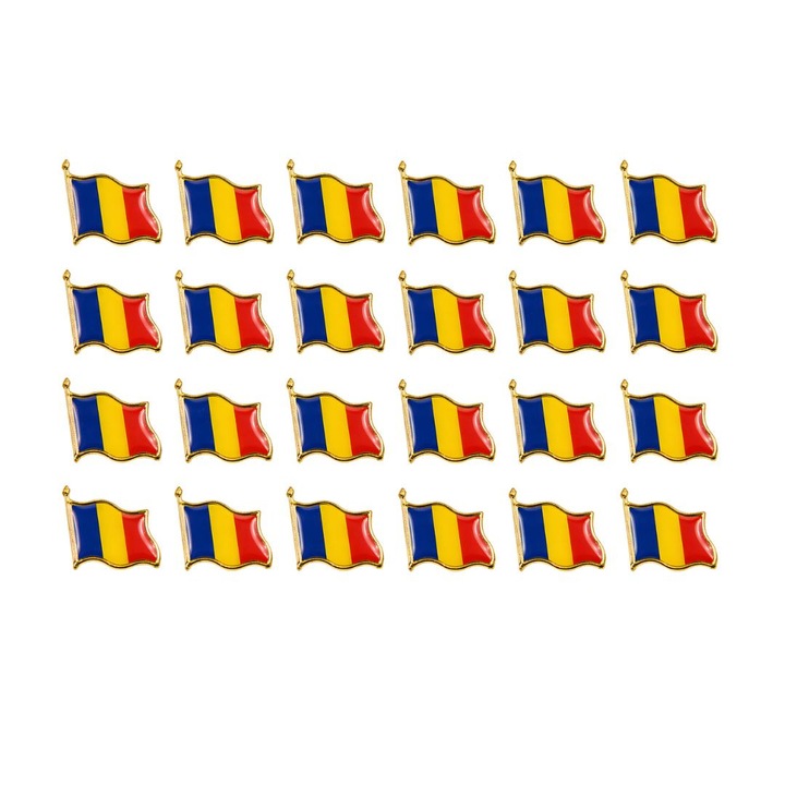 Set 24 insigne steag Romania, metal auriu cu email, model brosa cu ac de siguranta, 20 x 20 mm