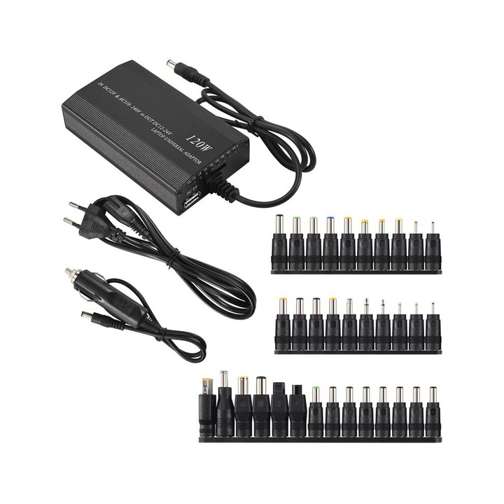 Adaptor universal incarcator auto 120W, 34 conectori, negru, 12-24V, set