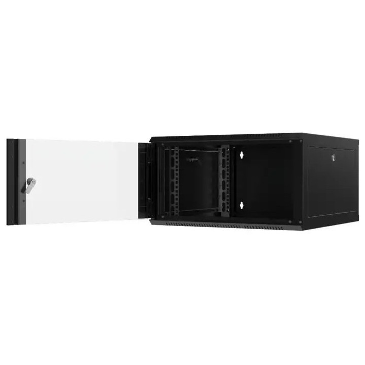 Mirsan MR.WTC06U60MN.01_KYK 19" 6U 565x309x600mm fekete falra szerelhető rack szekrény, üvegajtóval, levehető oldallappal, összeszerelve