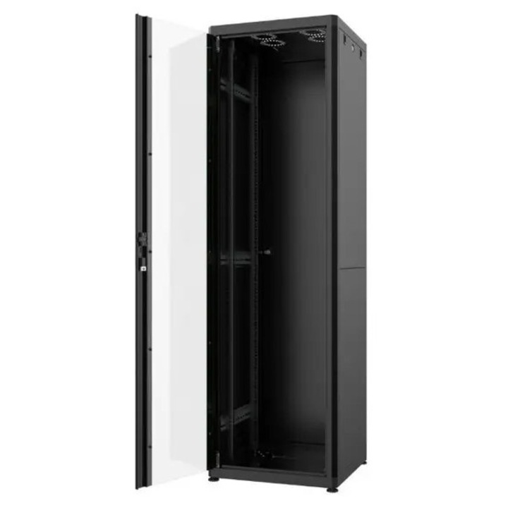 19" 42U 600x2017x600mm fekete rack szekrény, összeszerelve, statikus terhelés 1000kg, alumínium/üveg ajtó, Mirsan MR.HD.GTN42U66.01