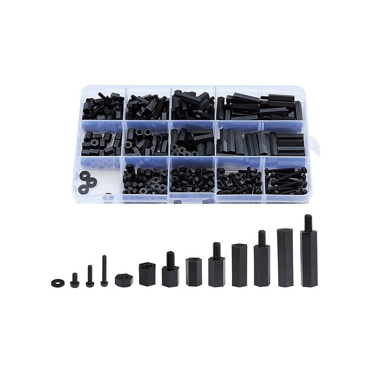 Set 320 Piese Nylon M2 Standoffs, Negru, Diverse Dimensiuni