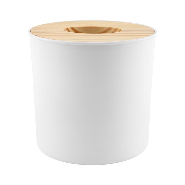 Suport servetele, tub rotund din plastic cu capac din lemn, alb, 13x13cm, set 1 buc.