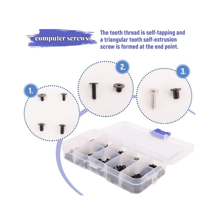 Set 500 Suruburi M2 M2.5 M3 Phillips pentru Laptop, Negru, 17.6x10x2.3cm