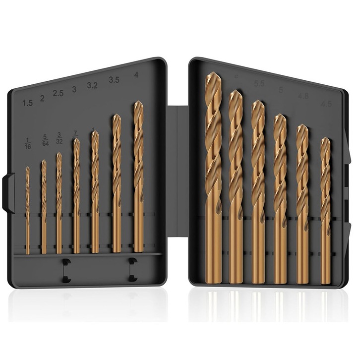 Set 13 bucati burghie cobalt, Chucai®, otel rapid M35 (1/16"-1/4") pentru metal dur, otel inoxidabil, fonta si lemn plastic, cu cutie de depozitare indexata