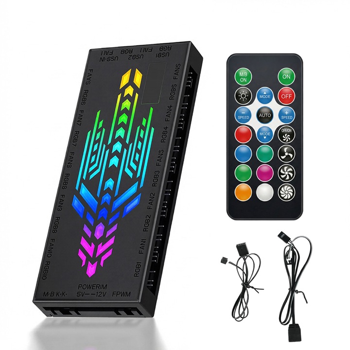 ARGB és PWM HUB 12 portos A-RGB és PWM házventilátor hub vezérlővel és SATA tápbemenettel, mágneses hátlap elosztó 5V/3PIN ARGB házventilátor hub adapter PWM ARGB ventilátorhoz, fekete