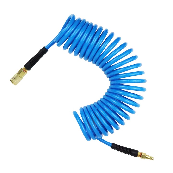 Hose de aer 1/4" x 25', cu limitator de curbura, racord rapid industrial, culoare albastra