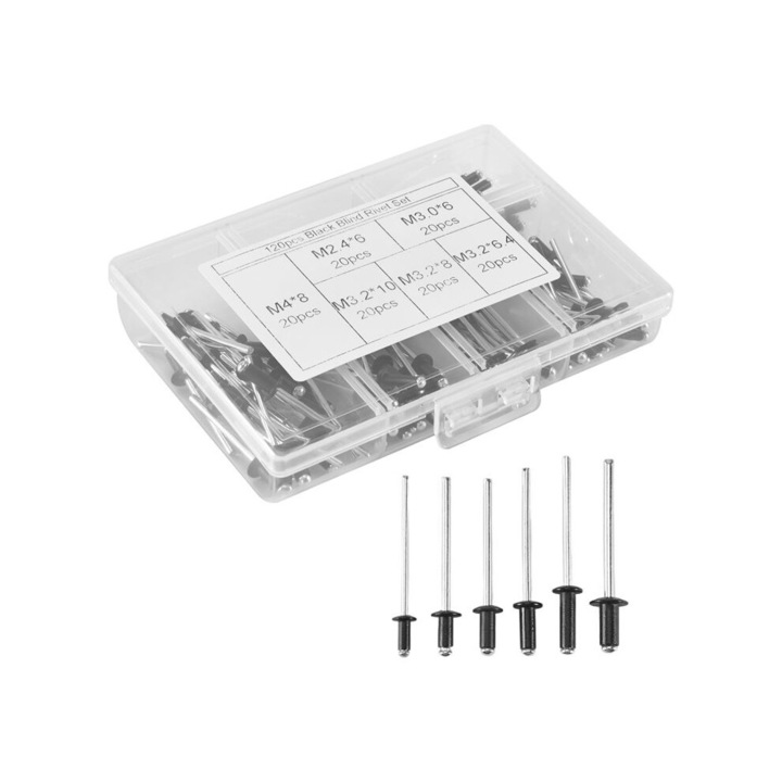 Set 120 Pcs Rivete Blindate Aluminiu M2.4 M3.0 M3.2 M4, Negru, pentru Mobilier