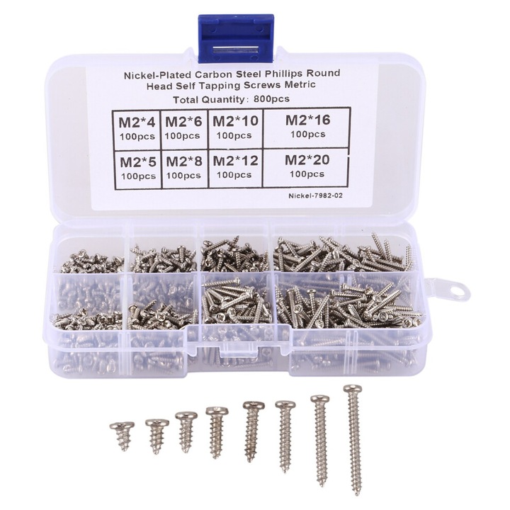 Set 800 Pcs Suruburi Autotaraudante cu Tete Pan, M2, 4x20mm, Otel Carbon, Argintii
