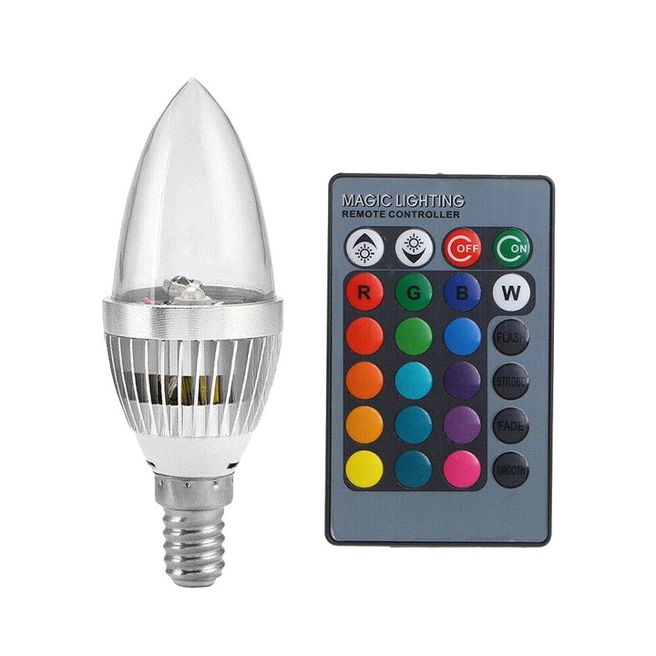 Bec RGB E12, 3W, 24 szín, távirányító, átlátszó