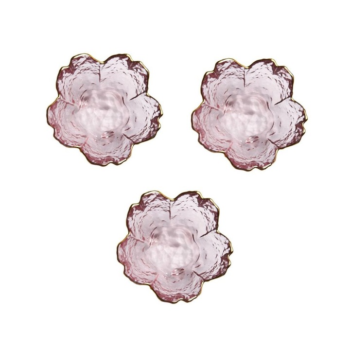 Комплект от 3 стъклени купички със златен кант, стил Sakura, розови, за десерти, различни размери