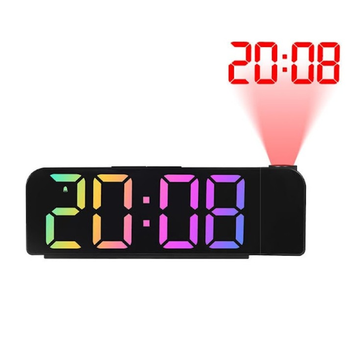 Macvi® digitális asztali óra, többszínű LED, óra kivetítés mennyezetre/falra, ébresztő, hőmérséklet, 12/24H, USB, fekete, CR2032 elem (nem tartozék), 13 x 7 x 4 cm