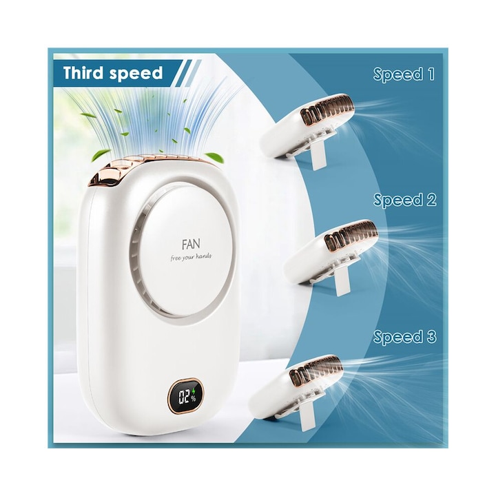 USB hordozható ventilátor, fehér, újratölthető hűtő, mérete 8.3x12.3x4.3cm, csendes motor