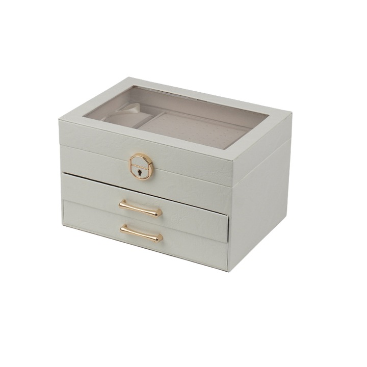 Ékszerdoboz, kivehető fiókokkal, háromszintes, ORBER, PU ablakkal, nyakláncokhoz és fülbevalókhoz alkalmas, esküvőkre és utazási ajándéktárgyakhoz megfelelő, bőr és fém, 25,8 × 18,2 × 16,2 cm, fehér