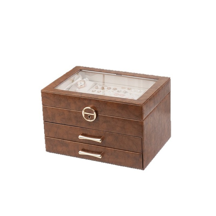 Ékszerdoboz, kivehető fiókokkal, három szintes, PU ablakkal, nyakláncokhoz és fülbevalókhoz alkalmas, ORBER, esküvőkre és utazási ajándéktárgyakhoz alkalmas, bőr és fém, 25,8 × 18,2 × 16,2 cm, barna