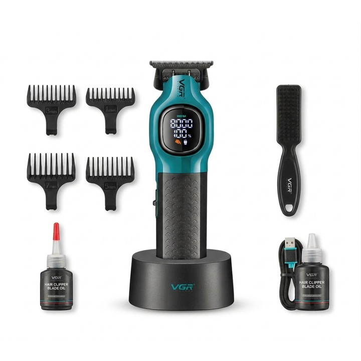 VGR 886T professzionális hajvágó, LED kijelző, 8000 RPM, 180 perc üzemidő, USB-C töltés, töltőállomás, 4 fejjel, zöld