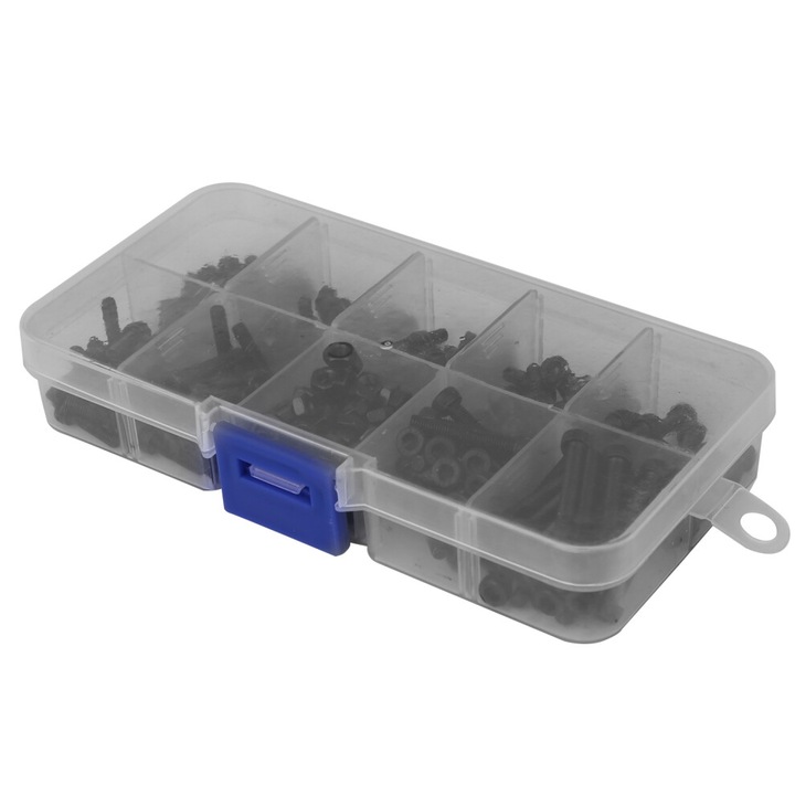 Set de 280 de suruburi metrice M3 cu piulite, otel, 9 lungimi de filet, negru, 12.5x6.2x2.2cm