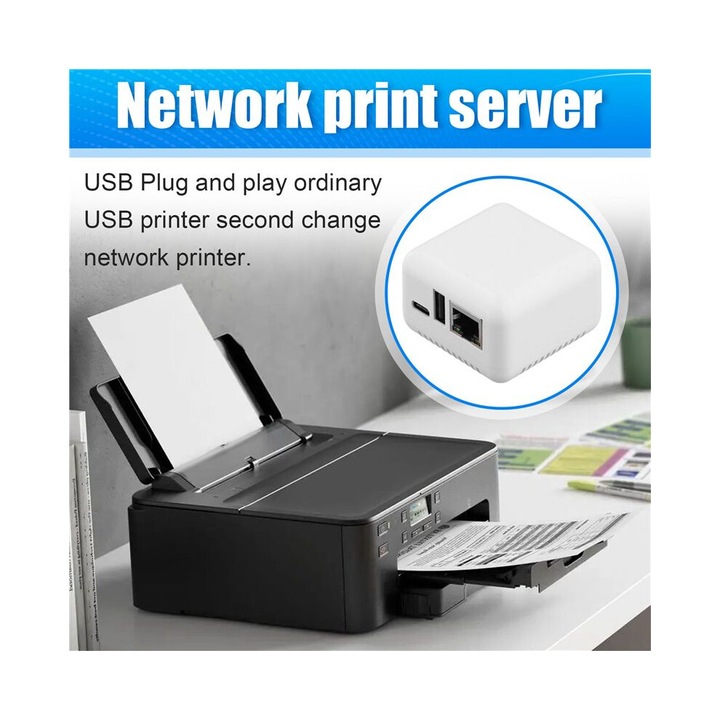 Server de imprimare P330, conexiune USB 2.0, design compact, alb, 5.5x5.5x3cm