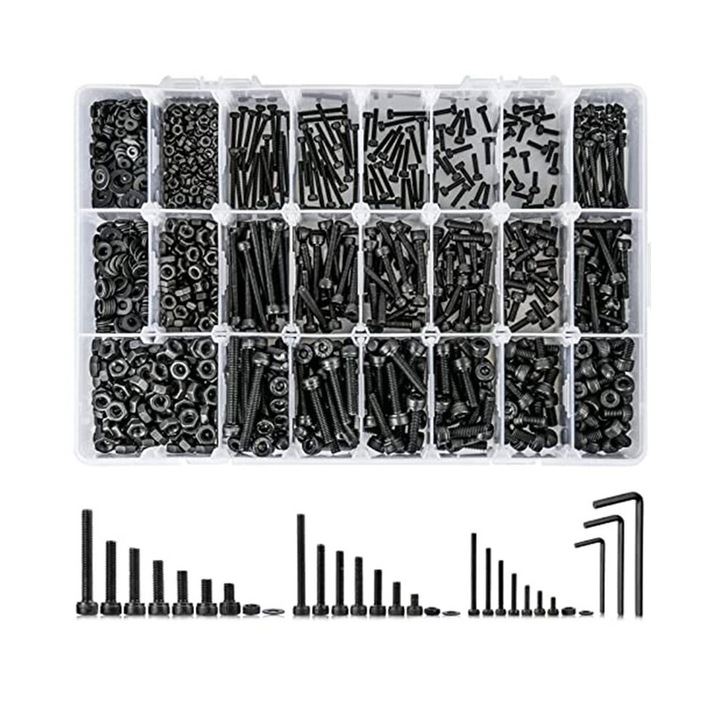 Set assortat 1260 piese suruburi metrice M2 M4, 21 dimensiuni, piulite si capace hexagonale, negru, cutie de depozitare