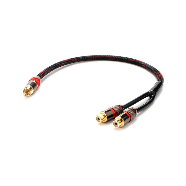 30 cm-es RCA Y kábel, audio adapter, 1 az 2 csatlakozóhoz, fekete