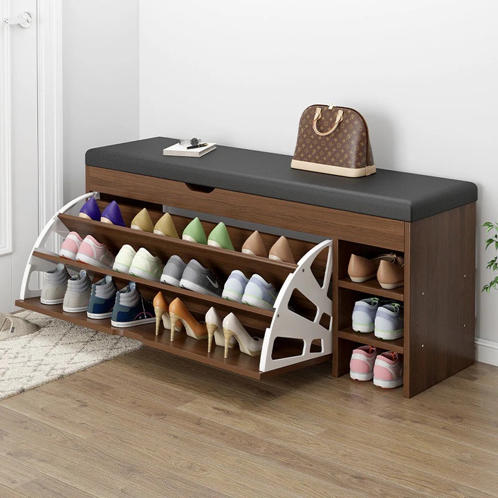 Vivendo Cipősszekrény Pad Típusú 100x30x51 Cm Polcokkal Összecsukható Fehér Barna Szürke