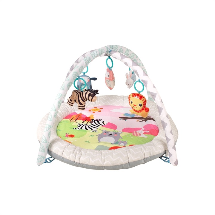 Salteluta interactiva, BabyTrold, Cu sunete si texturi, Contine covoras de joaca, 2 arcade, 5 carlige din plastic, 5 jucarii si 20 de mingi de joaca, 0 luni+, 85x50 cm, Multicolor