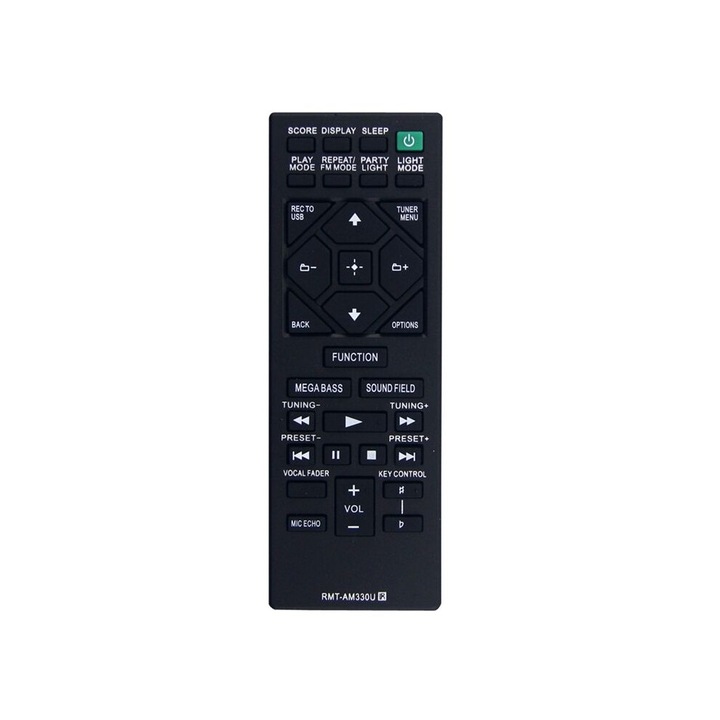 Telecomanda RMT-AM330U pentru sistem audio de acasa, culoare neagra, alimentare cu 2 baterii AAA, set.