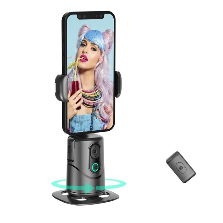 Telefon képstabilizátor, 360°-os automatikus arckövetés, fekete, szett távirányítóval és USB kábellel