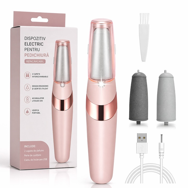 Pila electrică pentru picioare Modac, 2 viteze, rezistentă la apă IPX7, roz, cu capete abrazive incluse, încărcare USB