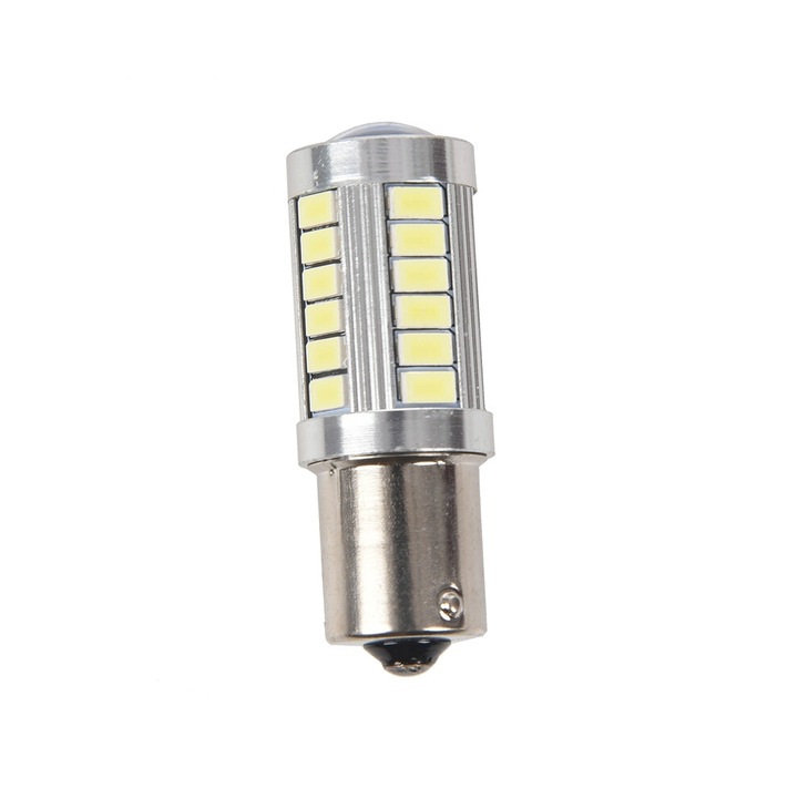 BA15S 12V LED autó izzó, fehér, 1156 P21W 33 LED, ezüst, 18.55mm