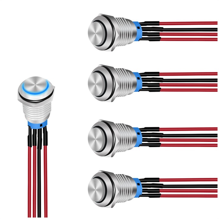 Set de 5 intrerupatoare cu buton de 12mm, cu cablu preconectat, IP67, metalice