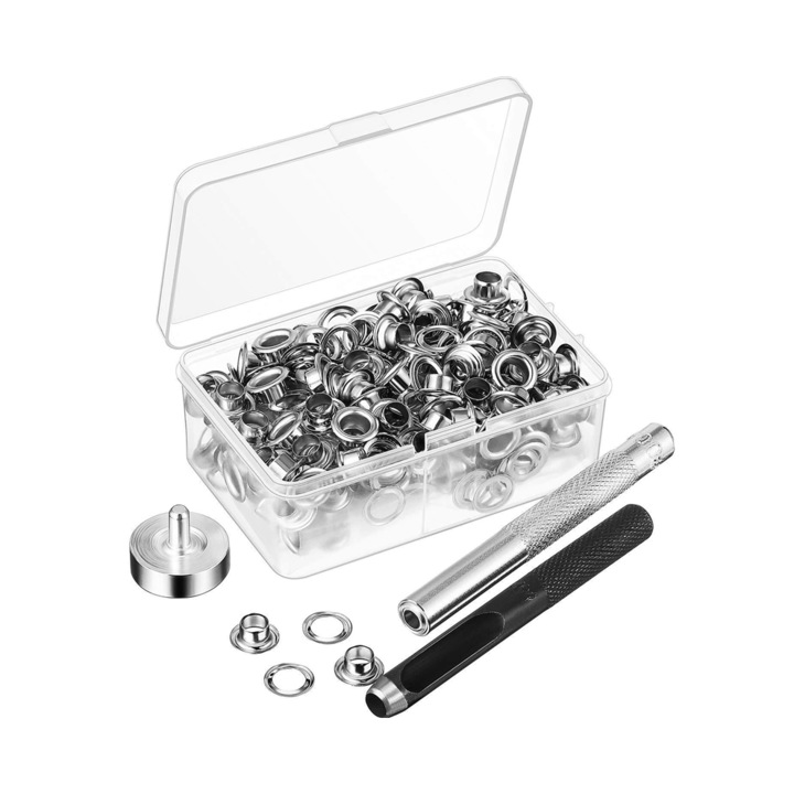 Set de 100 ochiuri metalice pentru bricolaj, 3 unelte de instalare, argintiu, 14.8x8.2x2cm