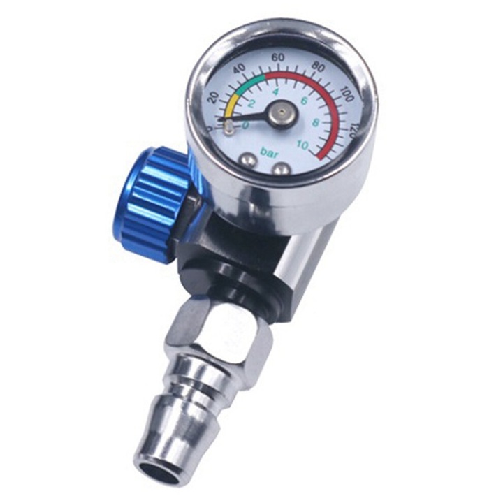 Regulator de aer mini 1/4 inch, presiune 0-12 bar, argintiu, set cu duza