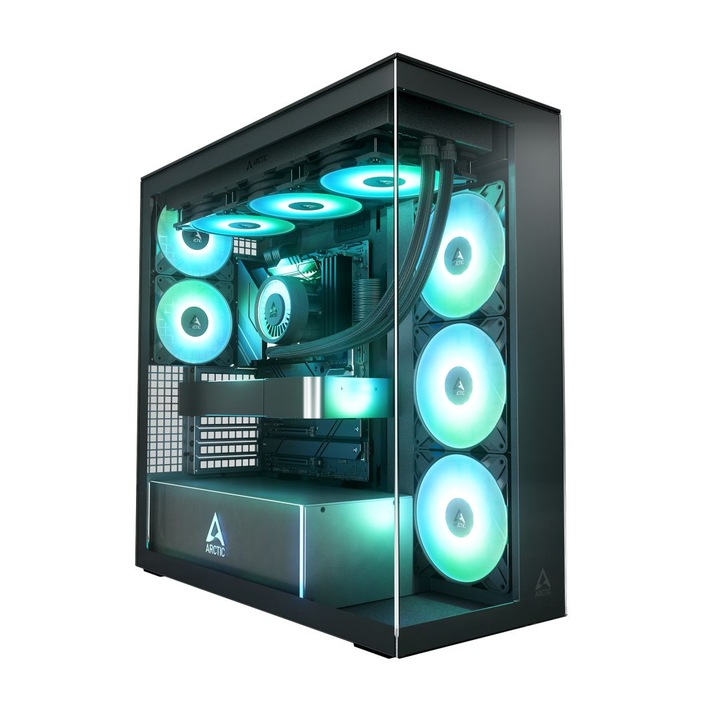Arctic Xtender PC ház, edzett üveg oldallap, E-ATX, 2x3 "5", 4x2 "5", 2xUSB3.2, 1xUSB Type-C, Audio, táp nélkül, 529x529x231mm, ventilátor:3x14cm, 2x12cm, RGB, Gamer, fekete