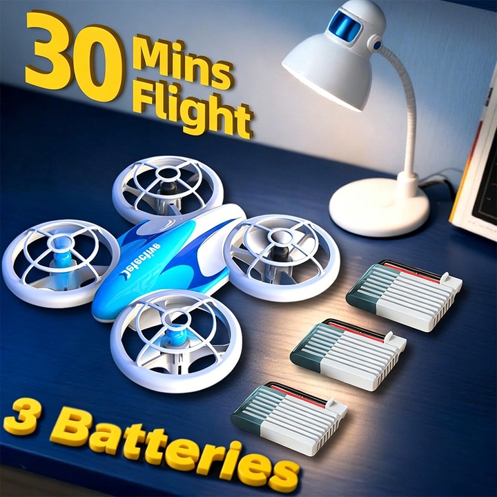 Мини дрон за деца, Bedee, Играчка квадрокоптер с LED светлина, пълна защита на витлото, 360-градусови превъртания, режим с 2 скорости, 3 батерии, безглав режим, поддържа излитане и кацане с един клик, Синьо-бял