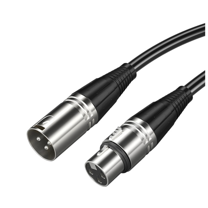 Cablu Microfon XLR 3-Pini Masculin la Feminin, 1.5m, Negru cu Argint, Set