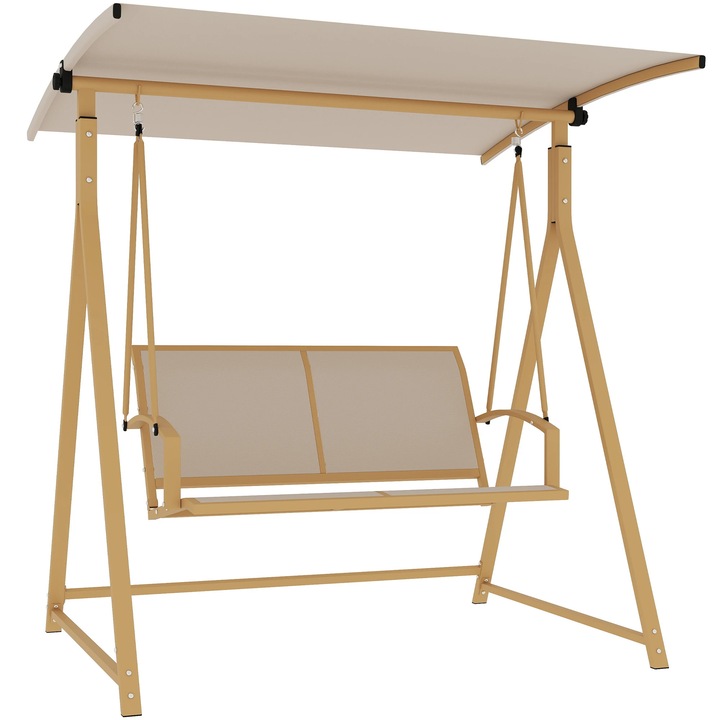 Kerti hinta, 2 személyes, Állítható tető, Fém váz, Párnák nélkül, 160×112×162 cm, Összeszerelést igényel, Khaki
