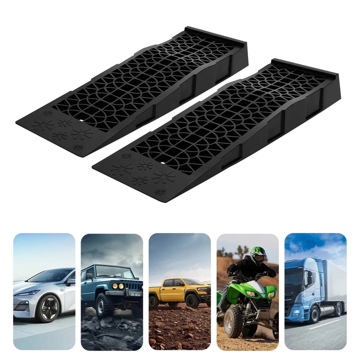 Set 2 rampe auto, plastic PP, capacitate 3000 kg, negru, 69, 8x20x7, 8 cm