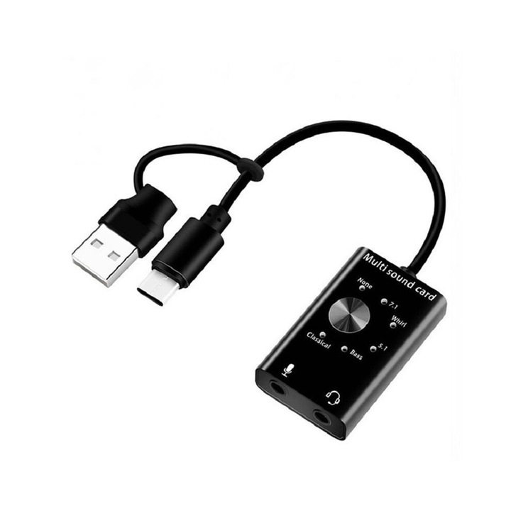 USB 2.0 Type-C hangkártya, sztereó mikrofon adapter, 7.1 csatornás, fekete