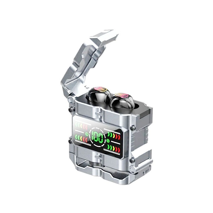 Casti Wireless M60 Mecha, vízálló, zajszűrős, ezüst, szett