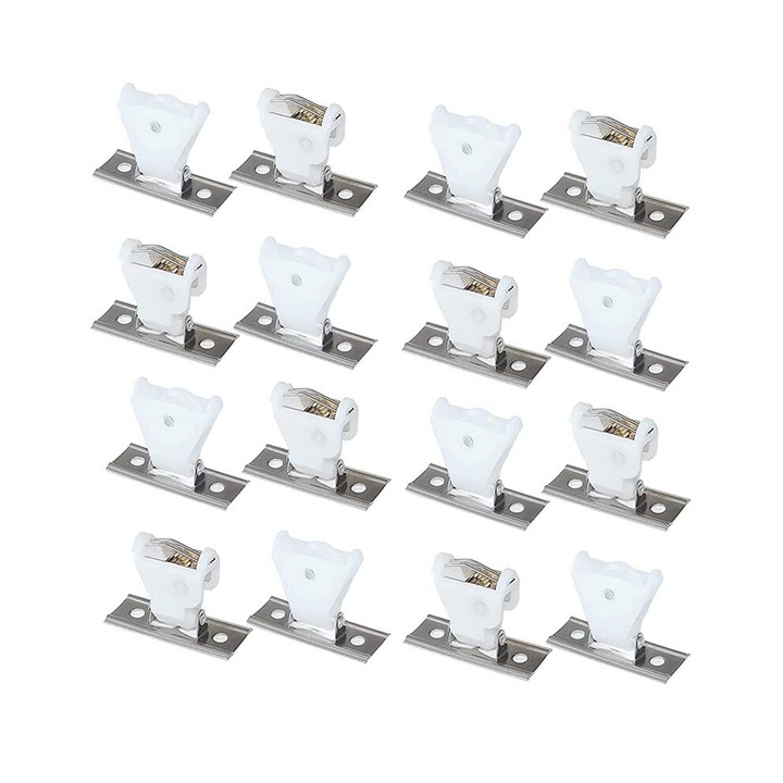Set mecanism blocare cordon 16 piese pentru jaluzele romane, plastic alb, otel inoxidabil, dimensiuni diverse.