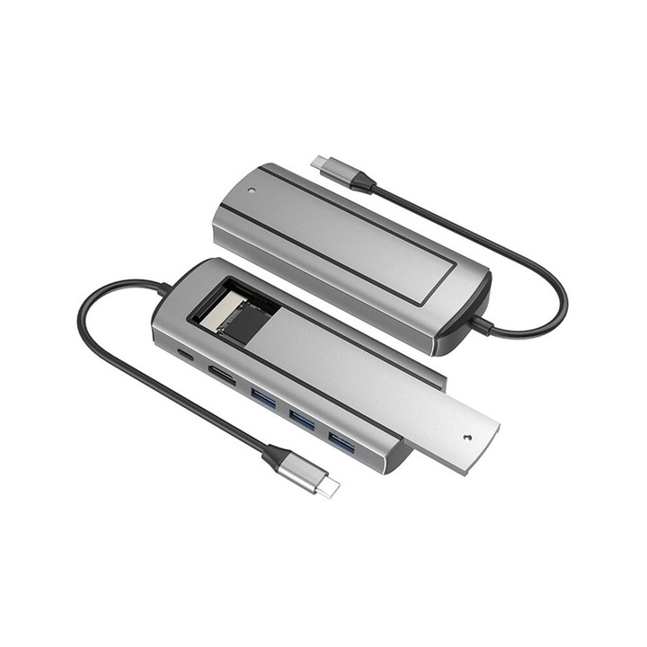 6 az 1-ben USB-C dokkolóállomás M.2 SSD hubbal, 4K, 3x USB 3.0, szürke