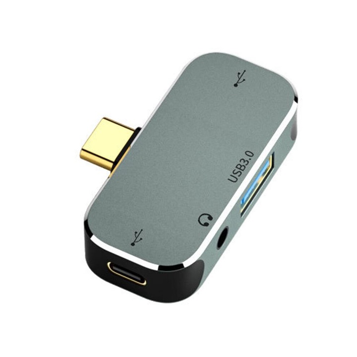Hub Type-C, 3.5mm Jack, 100W, argintiu, 1 USB 3.0, 1 USB 2.0, 1 Type-C